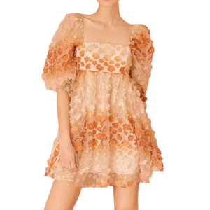 Storia Ombre Tie-dye Daisy Applique Baby Doll Dress floral Tan Brown boho size S